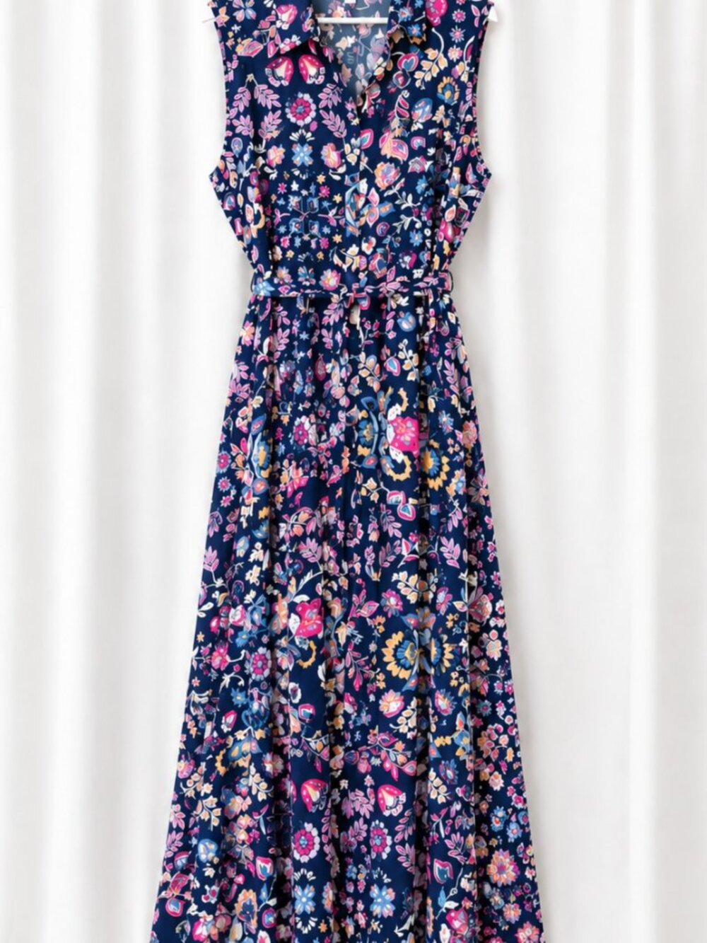 Croft & Barrow Floral Maxi Dress XL Navy Pink Sleeveless Tie Waist Cottagecore - Picture 2 of 5